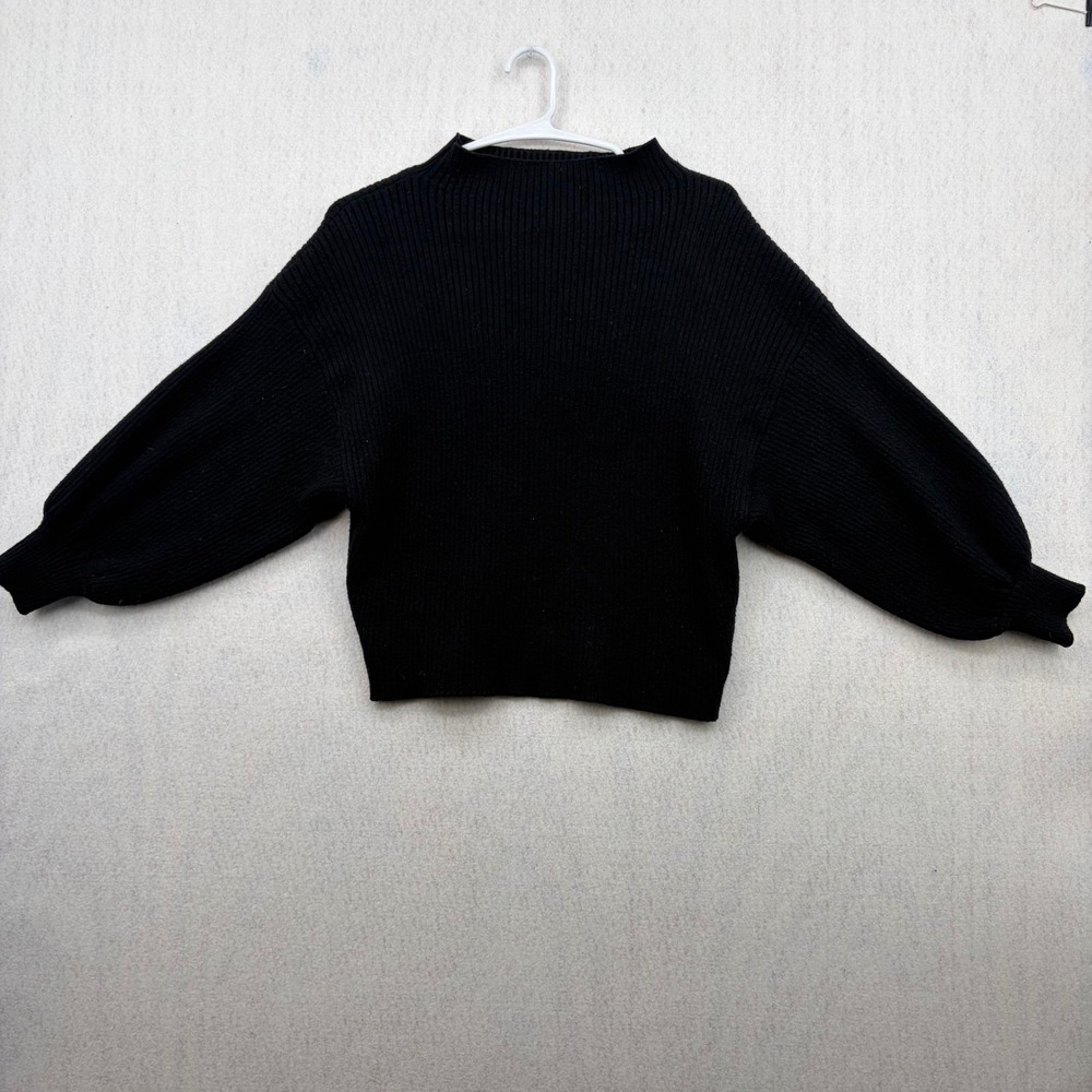 Line & Dot Black Ribbed Mock Neck Balloon Sleeve Sweater XS LT1804A